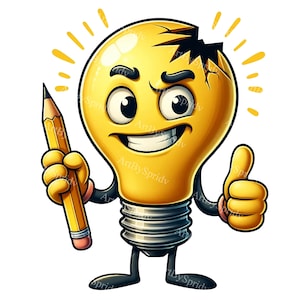 Boeiend gloeilampkarakter met potlood PNG-clipart voor afdrukbare sublimatie en doe-het-zelfproject | Digitale download | Creatieve afbeelding