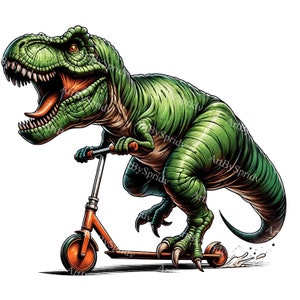 Raptor on Wheels PNG Clipart: T-Rex Scooter Adventure, Fun Dinosaur Digital Art, Quirky Animal Illustration, Printable Sublimation DIY Craft
