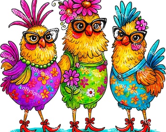 May include: A whimsical illustration of three anthropomorphic chickens, each adorned with glasses and fashionable attire. The chickens are dressed in vibrant colors, including purple, green, and blue, with floral patterns and accessories. They are wearing red high heels.