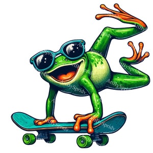 Whimsical Frog Skateboard Clipart with Sunglasses, Fun and Playful Handstand Frog PNG for DIY Crafts, Kids Parties, Digital Art, Stickers