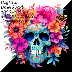 Floral Sugar Skull PNG Clipart Bundle, Day of the Dead Clip Art ...