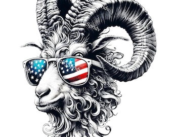 Clipart patriotique de chèvre, drapeau USA, lunettes de soleil chèvre PNG, American Pride Digital Clip Art, 4 juillet Sublimation graphique, animal de la ferme rustique
