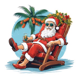 Santa Claus On Beach Chair Under Christmas Palm Tree Transparent PNG Clipart,Kid/Adult Design,Printable Sublimation,Commercial,Xmas Clip Art