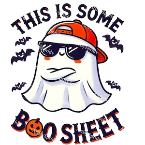 Zabawny duch w okularach przeciwsłonecznych i czapce „To jest trochę Boo Sheet” Halloween PNG Clipart, sarkastyczny, słodki projekt na dekoracje na Halloween, koszulki, rękodzieło