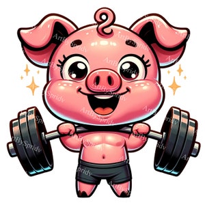 Adorable piglet levantador de pesas Clipart - Descarga digital de un lindo pig para sublimación e imprimibles, ilustración de animales de gimnasio, decoración de habitaciones infantiles