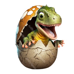T-Rex Dinosaurier schlüpfen aus Ei Clip Art Png-Datei, digitaler Download Druck, Kinder Cartoon Sublimation Clipart Design, druckbare Kunst, kommerziell