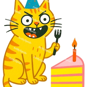 Birthday Cat PNG with Cake Slice | Crazy Party Cat Clipart | Transparent Cartoon Cat Design for Kids Invitations, Stickers & Sublimation