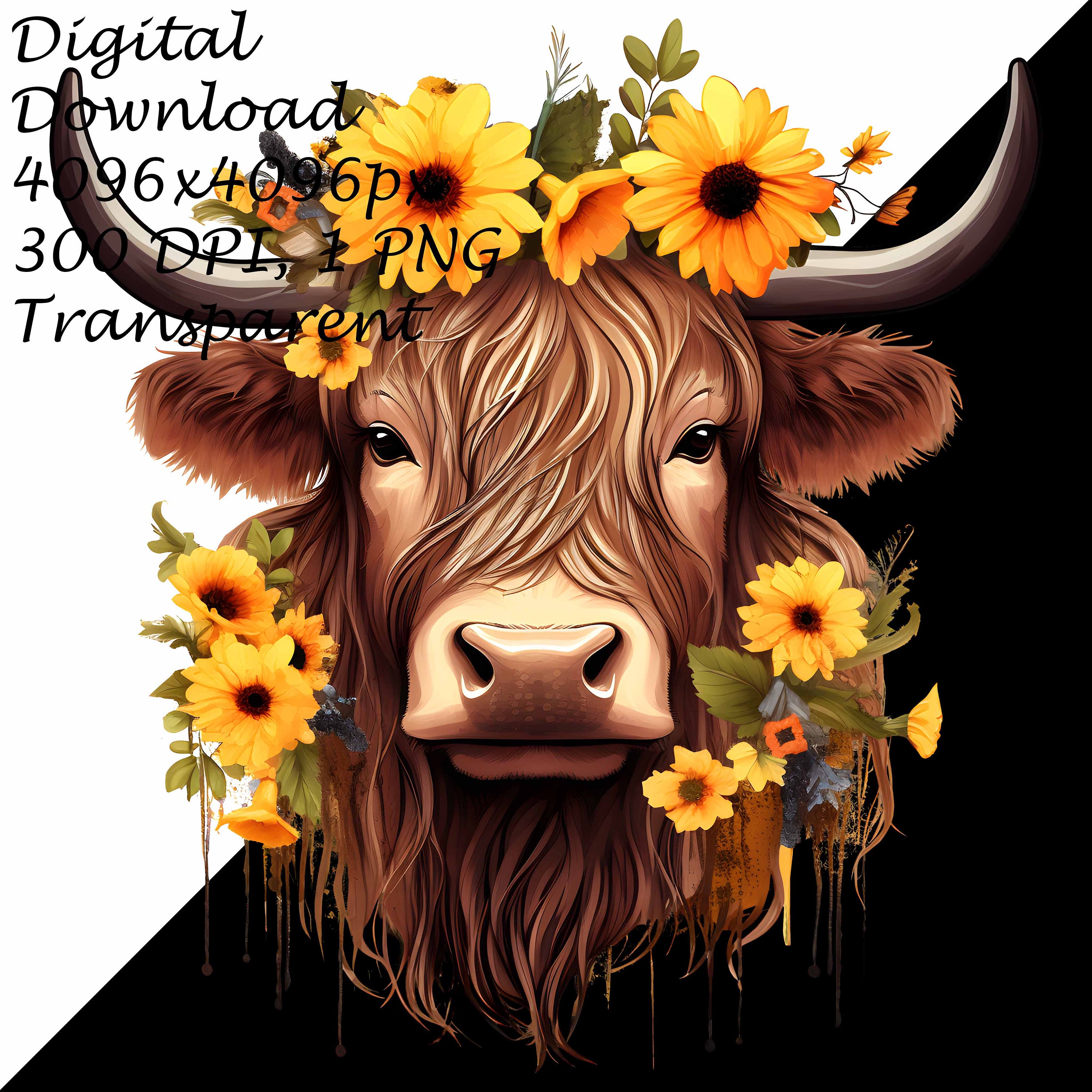 Highland Cow With Sunflower Crown PNG Clipart, Rustic Farm Animal Clip ...
