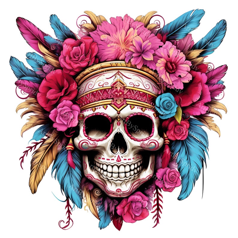Vibrant Day of the Dead Sugar Skull PNG Clipart, Colorful Floral ...