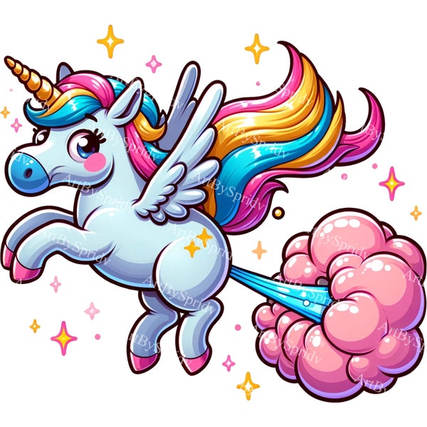 Magical Farting Unicorn Clipart with Rainbow Mane - Fantasy Digital Art, Sparkling Stars, Printable Sublimation PNG for DIY Craft Design