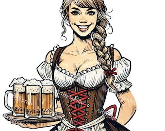 Oktoberfest Beer Maid Clipart–German Barmaid with Beer Mugs PNG–Bavarian Festival Digital Clip Art for Party Invitations,Scrapbooking,Decor