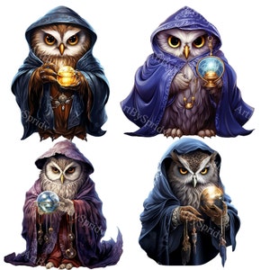 May include: Four owl figurines wearing robes and holding crystal balls. The owls are in different colors, including blue, purple, and brown. The owls are all wearing hats and have a mystical look.