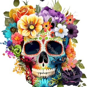 Cute Colorful Sugar Skull With Flowers PNG Clipart - Transparent Floral Clip Art, Printable Sublimation For Kids/Adult, Commercial Use Print