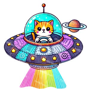 Gato espacial kawaii PNG transparente, lindo gatito extraterrestre en clipart OVNI, ilustración de gato cósmico dibujada a mano para sublimación, pegatinas y diseño de ciencia ficción