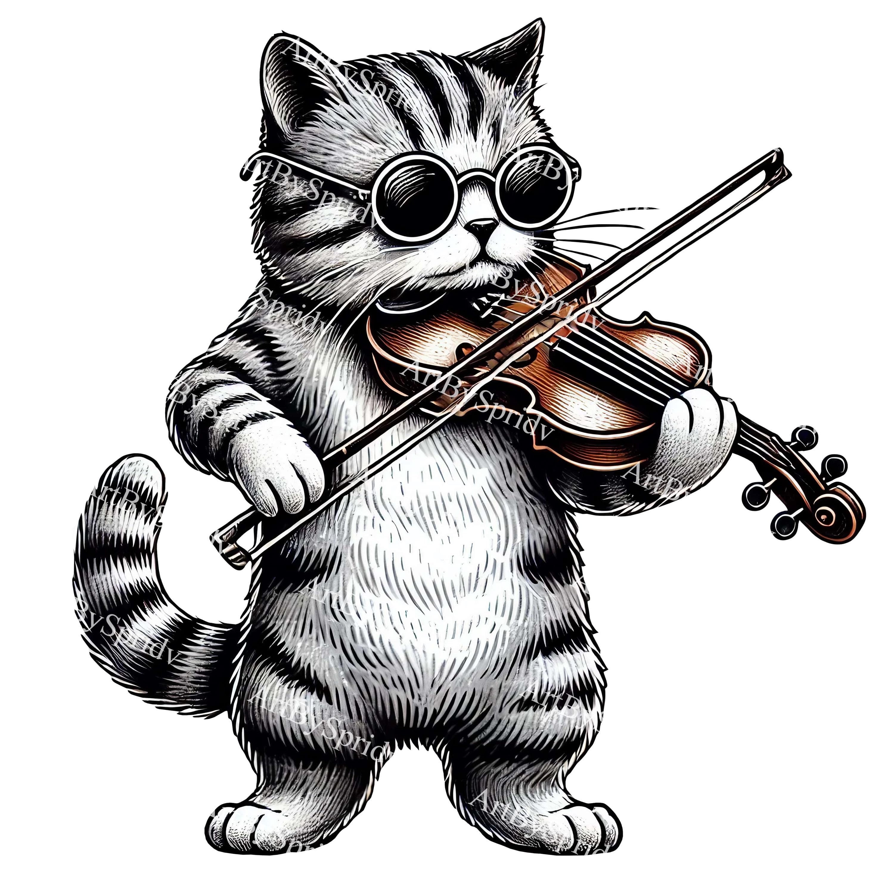 Charming Cat Playing Violin PNG Clipart, Musician Kitten with Sunglasses, Hand-Drawn Feline Music Clip Art for T-Shirt, DIY Craft,Invitation
