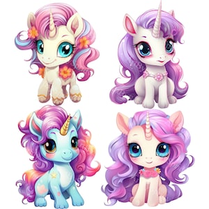 4 Pack Cute Cartoon Baby Unicorn Transparent PNG Clipart - Printable T-Shirt, Mug Sublimation Clip Art - Commercial Use, Nursery Baby Shower
