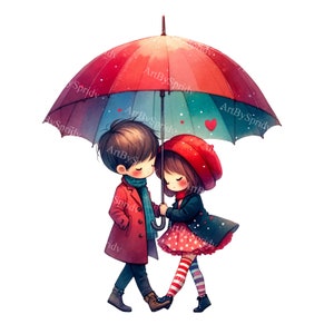 Valentine's Day Clipart - Boy & Girl Under Umbrella, Romantic Cartoon PNG, DTG T-Shirt, Mug, Tumbler Design - Sublimation and Scrapbooking