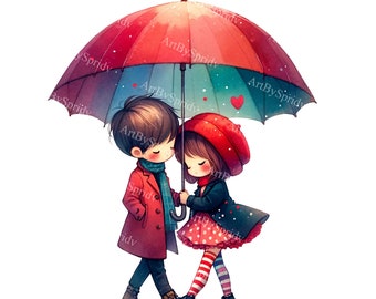 Valentine's Day Clipart Boy Girl Under Umbrella, Romantic