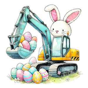Könnte beinhalten: Ein gelber und blauer Spielzeugbagger mit einem weißen Kaninchen am Steuer. Der Bagger hält einen Eimer voller bunter Ostereier. Vor dem Bagger liegen weitere Ostereier auf dem Boden.