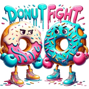 Imágenes prediseñadas caprichosas de Donut Fight: PNG digital, donuts ilustrados con guantes y zapatos de boxeo, perfecto para invitaciones a fiestas, decoraciones - Descargar