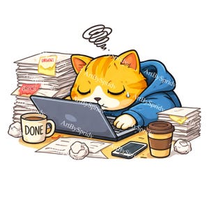 May include: Cartoon illustration of a ginger cat in a blue hoodie, working on a laptop. The cat is surrounded by paperwork, a coffee mug with "DONE", and a takeaway coffee cup. The image has the text "ArtBySpridv".