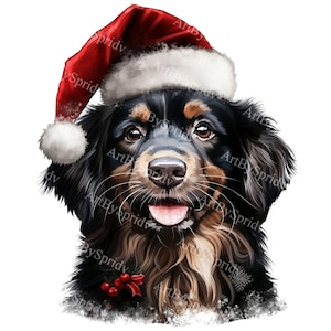 Christmas Dog Clipart – Festive Holiday PNG Illustration of a Happy Dog in Santa Hat with Holly – Transparent Digital Download, DIY Craft