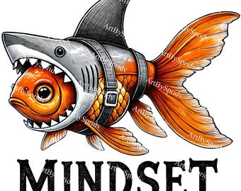 Mindset Goldfish Shark PNG Clipart - Unique Motivational Illustration for T-Shirt Sublimation, Digital Clip Art Prints, Inspiration Designs