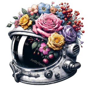 Ramo floral con casco de astronauta vintage, clip art digital, clip art botánico espacial, sublimación imprimible para proyectos creativos de manualidades de bricolaje