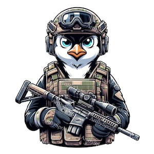 May include: A cartoon penguin wearing a camouflage military uniform and helmet, holding a black rifle with a scope.