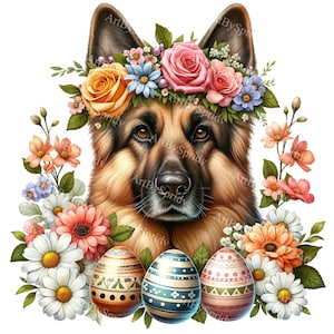 Easter German Shepherd Digital Clipart, Floral Dog Sublimation PNG,Festive Canine Graphics,Pet Lover Craft Supplies,Springtime Animal Design