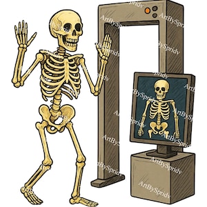 以下が含まれることがあります： 漫画のスケルトンが金属探知機を通過しており、画面にはスケルトンのスキャンが表示されています。