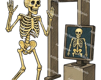 Clipart PNG de seguridad aeroportuaria de esqueleto, esqueleto de dibujos animados pasando por un escáner de rayos X, arte de sublimación humorístico transparente para viajes de Halloween
