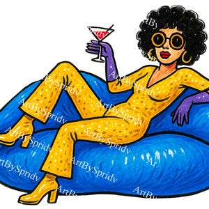 May include: Illustration of a person in a yellow jumpsuit with white polka dots, purple gloves, and yellow shoes, holding a cocktail. The person is lounging on a large blue lip-shaped cushion. The image has the text "ArtBySpridv".