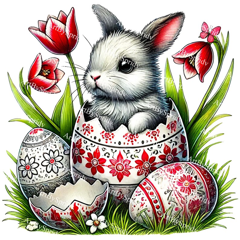 Cute Easter Bunny in Egg PNG, Vintage Floral Clipart, Spring Rabbit ...