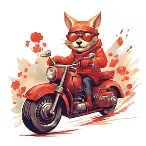 Cool Cat Riding Red Motorcycle PNG Clipart, Vintage Style Animal Biker Illustration for Digital Art, T-Shirts, Stickers, Posters, DIY Craft