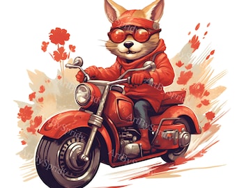 Coole Katze, die rotes Motorrad reitet PNG Clipart, Tier Biker Illustration im Vintage-Stil für digitale Kunst, T-Shirts, Aufkleber, Poster, DIY Handwerk