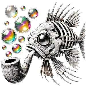 Steampunk Skeleton Fish PNG, Surreal Pipe-Smoking Fish Transparent Clipart,Hand-Drawn Gothic Fantasy Illustration for Sublimation&Tattoo Art