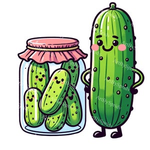 Cheerful Cucumber and Pickle Jar Clipart | Kawaii Vegetables PNG | Cute Canning Sublimation Design |Printable Kitchen Art|Craft&Scrapbooking