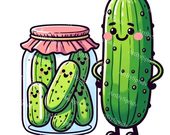 Cheerful Cucumber and Pickle Jar Clipart | Kawaii Vegetables PNG | Cute Canning Sublimation Design |Printable Kitchen Art|Craft&Scrapbooking