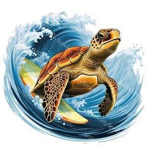 Könnte beinhalten: Eine grüne Meeresschildkröte mit brauner Schale reitet auf einem Surfbrett auf einer blauen Welle. Die Schildkröte ist nach rechts gerichtet und hat den Kopf nach links gedreht. Die Welle bricht hinter der Schildkröte und es gibt weiße Schaumkronen.