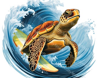 Surfen zeeschildpad clipart | Levendige illustraties sublimatieontwerp met oceaanthema | Tropical Sea Life digitale png voor knutselen en kleding