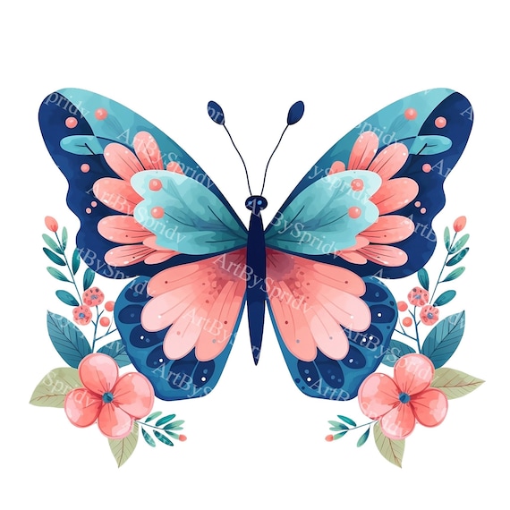 Butterfly & Floral PNG Clipart, Soft Blue and Pink Nature-inspired