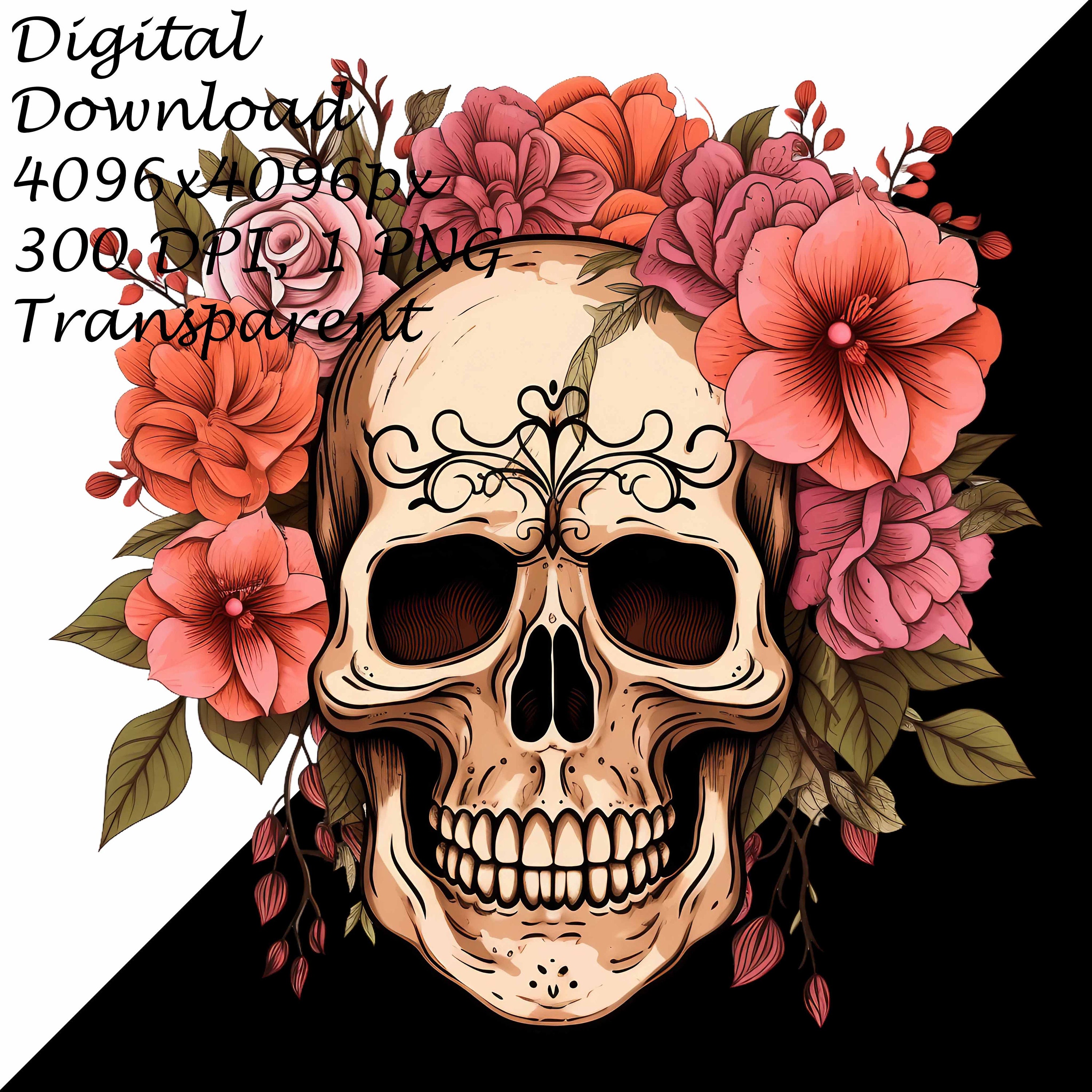 Floral Sugar Skull PNG Cliparts Sets, Flower Skulls, Day of the Dead ...