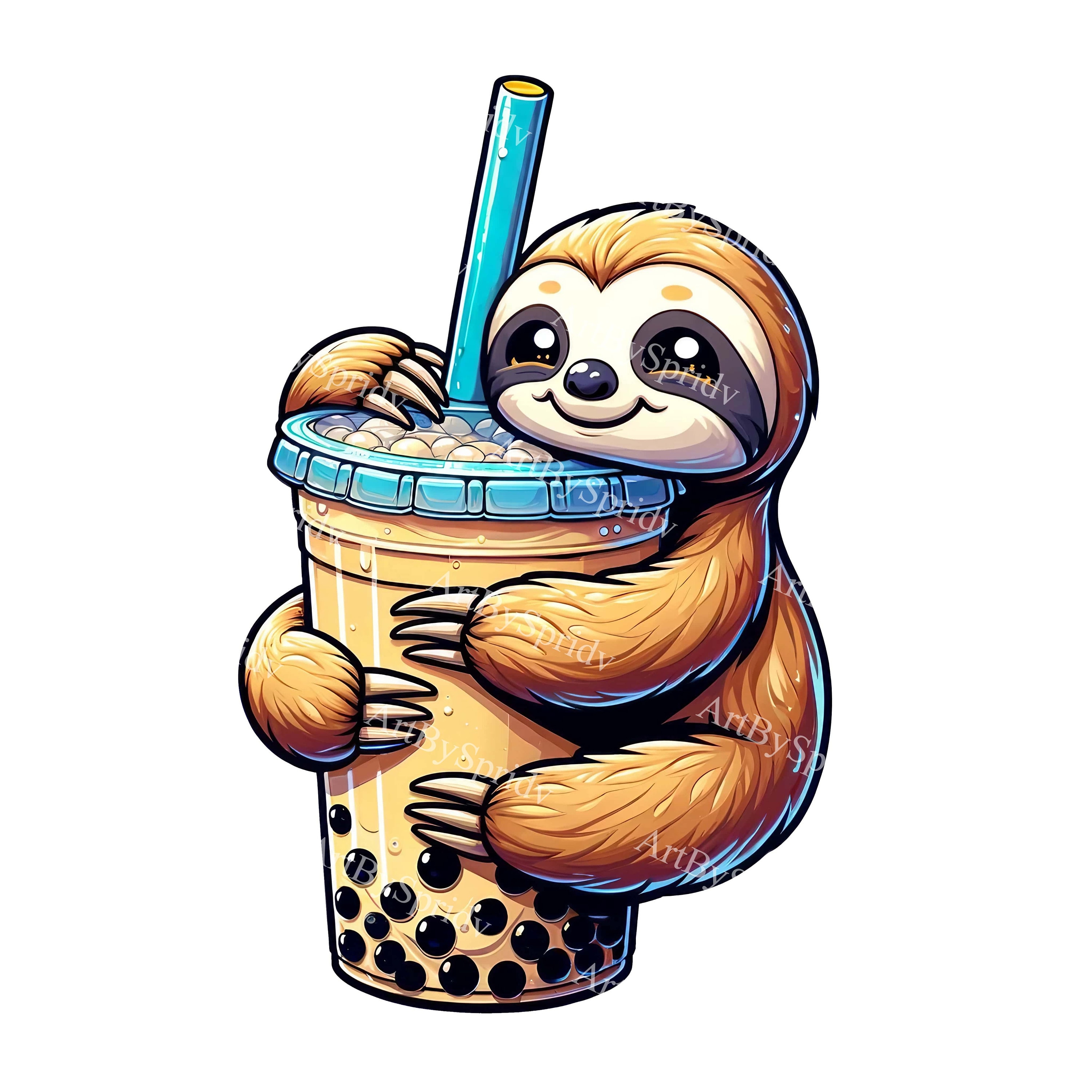 Adorable Sloth Boba Tea Clipart - Cute Animal With Bubble Tea, Digital ...