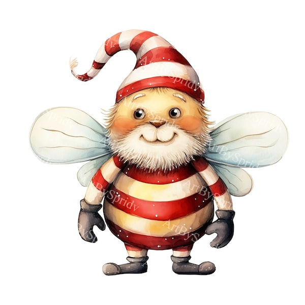 Christmas Bee With Santa Hat Transparent PNG Clipart, Kids/Adults Cartoon Design, Printable Sublimation,Commercial,Magical Animal Clip Art