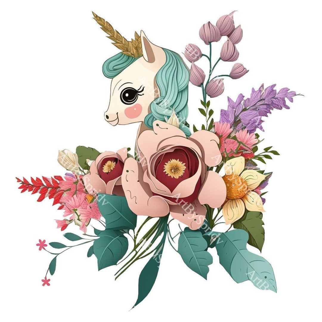 Cute Unicorn Floral Bouquet PNG Clipart, Digital Download File, Flower ...