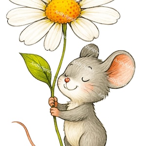 Maus mit Gänseblümchen PNG | Skurril Waldtier Clipart | Entzückende Cartoon-Maus mit Blume | Transparent Tee Sublimation Download Kunst