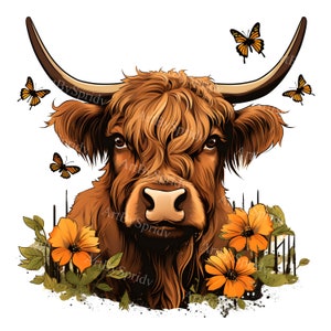 Highland Cow with Butterflies & Orange Flowers PNG Clipart, Cute Farm Animal Digital Clip Art, Boho Nature Watercolor Sublimation, DIY Craft