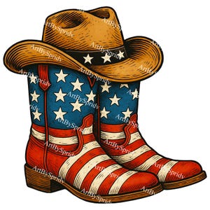 Patriottische cowboylaarzen en hoed, png PNGEgg | Amerikaanse vlag westerse clipart | 4 juli Americana Country Design voor sublimatie, shirts en stickers, doe-het-zelf