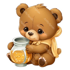 Baby Teddy Bear With Honey Pot PNG Clipart,Transparent Animal Print Kids Clip Art,Cute Cartoon Design,Printable Sublimation T-Shirt,Mug